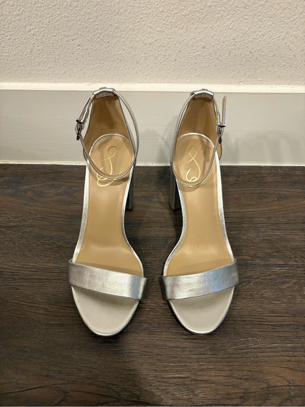 Sam Edelman Metallic Silver Block Heel Ankle-Strap Sandals